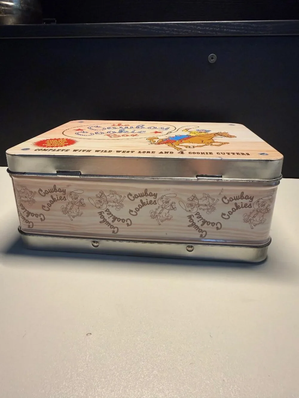 Vintage Cowboy Cookie Tin Box with 4 Cookie Cutters & Recipe Book